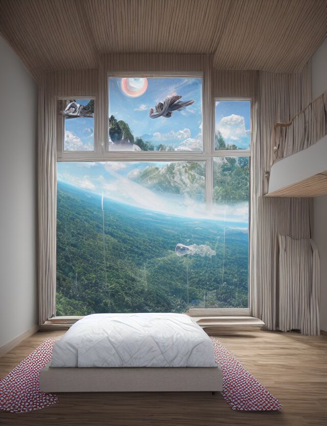 an ultra wide angle photo of a bed hovering above the floor in the middle of a giant tesselating bedroom with windows opening to other worlds by casey weldon!!!! and lee madgewick and m. c. escher, photorealistic, octane render, recursive!!!!, flowing, cascading, multiverse!!!!!!, labyrinthine 