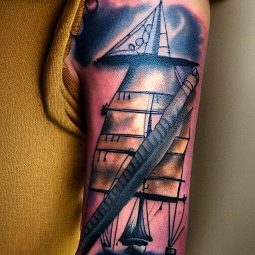 A magical pirate ship tattoo design on white background, hyper realistic shaded tattoo, award winning tattoo