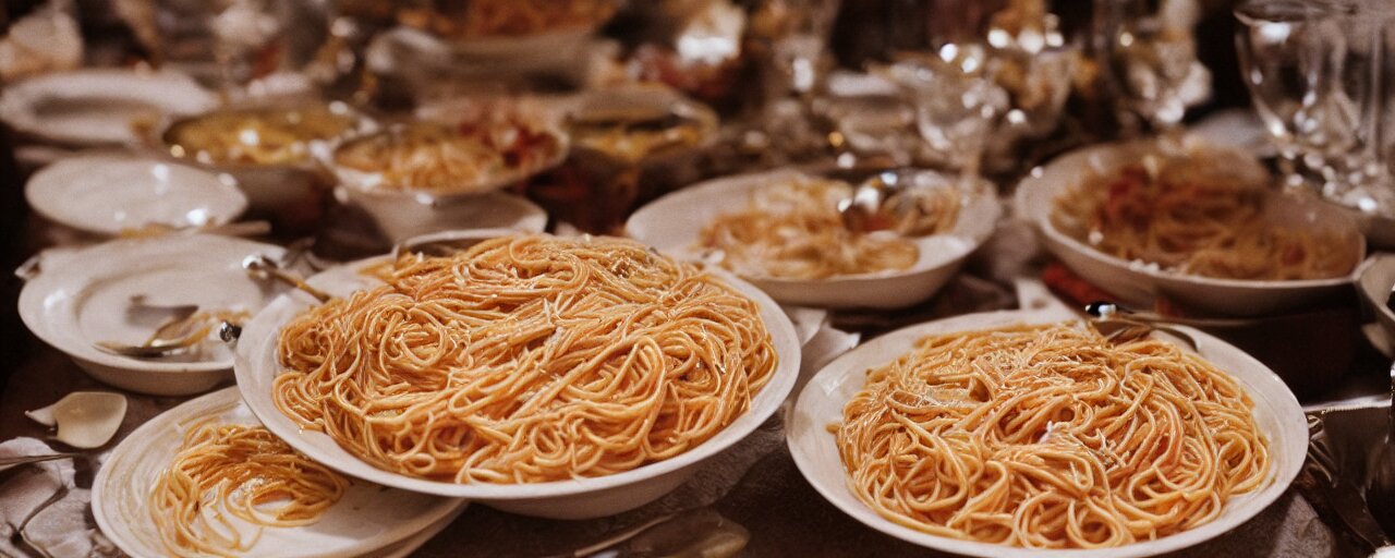 a large bowl of spaghetti, beautifully plated on a full buffet table, small details, intricate, sharply focused, canon 5 0 mm, wes anderson film, kodachrome 