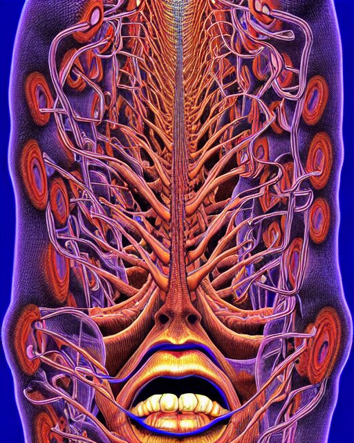 Human Body breaking away, Conjuring Psychedelic Illustration, part by Shintaro Kago, part by Alex Gray, ultra realistic, highly detailed, 8k, symmetry, fractals, grotesque, vibrant,