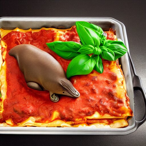 studio photography of a platypus cooking a lasagna with three basil leaves over the lasagna 