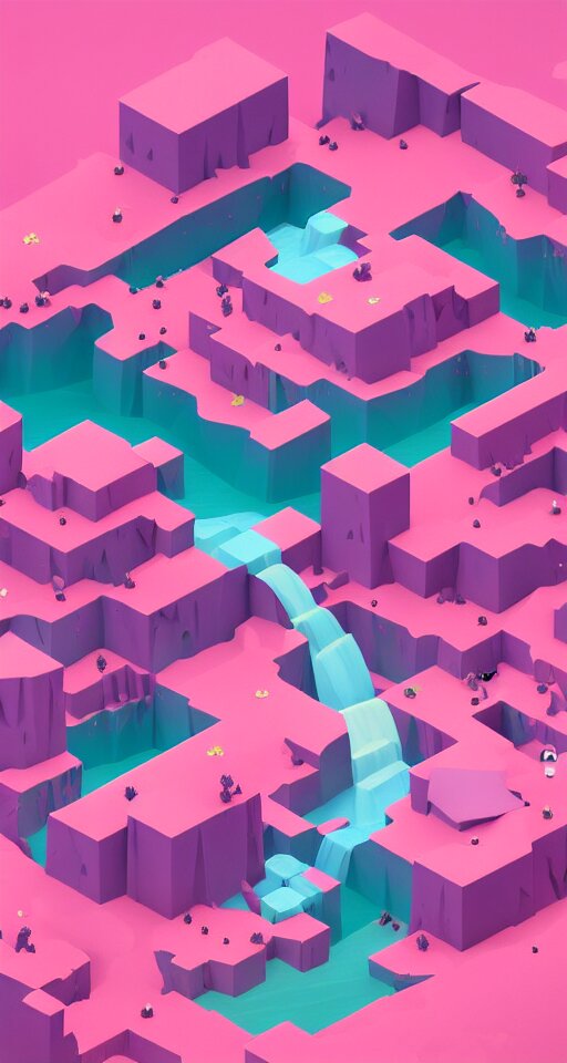 a cute little matte low poly isometric cherry blossom forest island, pink waterfalls, mist, lat lighting, soft shadows, trending on artstation, 3d render, monument valley, fez video game,