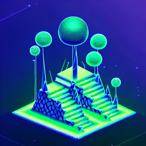 mobile game asset, isometric staircase, crystals, organic low poly vector design, bioluminescent alien - like plants of pandora, aesthetic of avatar's alien nature. we can see alien plants glowing in the dark arround the isometric itens in dark place cyan, orange smooth glow night photoshop filter low poly behance hd 