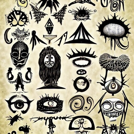 detailed digital art of precolombine symbols by tim burton inspired 