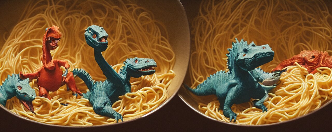 two dinosaurs fighting to the death, inside a bowl of spaghetti, canon 5 0 mm, cinematic lighting, photography, retro, film, kodachrome 