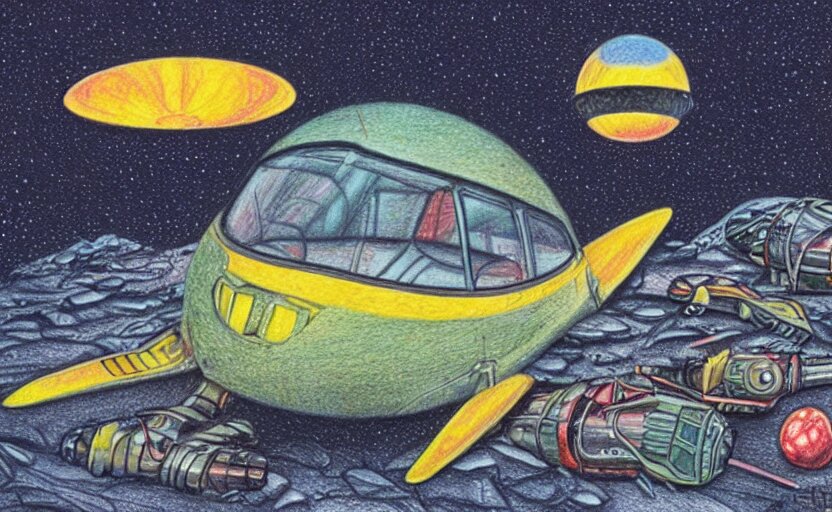 intricately detailed color pencil drawing, retro spaceship crash landed on an alien winter landscape 