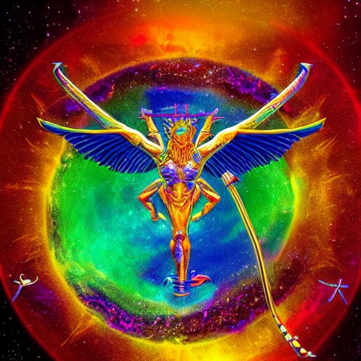 Photorealistic physical manifestation of the zodiac sagittarius. Hyperdetailed photorealism, 108 megapixels, incredible depth, beautiful colors, psychedelic overtones, blacklight neon, glowing