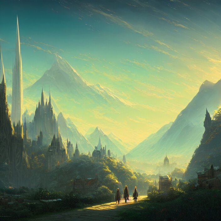 Authentic illustrations of different cities in The Lord of the Rings,Magnificent super wide angle,high quality, 8k,high resolution, city landscape, side scrolling, Rule of Thirds, 4K, Retrofuturism,by makoto shinkai,Anton Fadeev, thomas kinkade,greg rutkowski