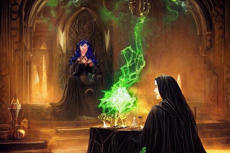 a beautiful sorceress wearing a black robe with gold embroidery, sitting at table, casting a spell, green glows, painted by stefan kostic and artgerm, in the style of magic the gathering, highly detailed digital art 