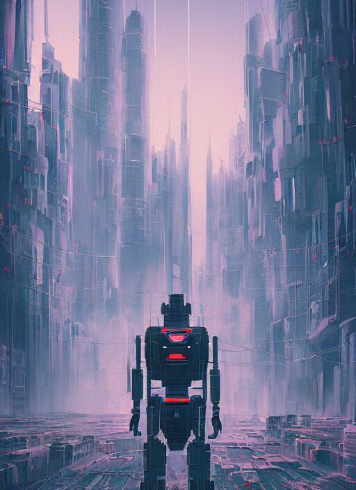 a painting of a giant robot standing in front of a city, cyberpunk art by mike winkelmann, behance contest winner, nuclear art, dystopian art, apocalypse art, sci - fi 