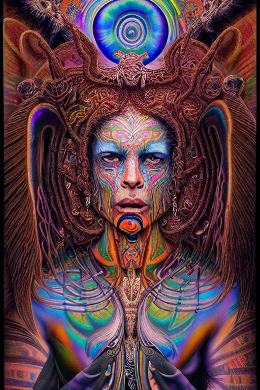 psychedelic shaman, iridescent, wearing shipibo tattoos, inside an epic, ancient temple, ayami kojima, greg hildebrandt, mark ryden, hauntingly surreal, eerie vibrating color palette of charlie immer, highly detailed painting by, jenny saville, soft light 4 k 