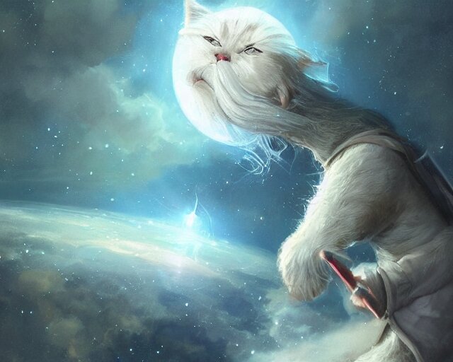 one cartoonish kitty dressed as Gandalf floating alone in space, bright stars, anime, a fantasy digital painting by Greg Rutkowski and James Gurney, trending on Artstation, highly detailed