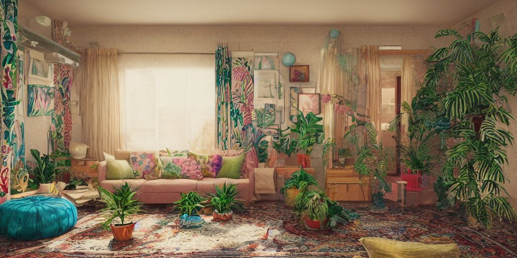 1 9 6 9 living in an older house, hippie pad, hippie chic, antiques, tropical houseplants, beaded curtains, posters on the walls, persian rugs, artstation, v - ray render, 8 k 