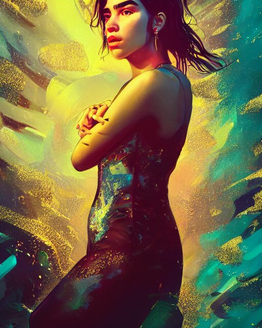 portrait of dua lipa, by petros afshar, sabbas apterus, brian sum, ross tran, shattered glass, bubbly underwater scenery, radiant light