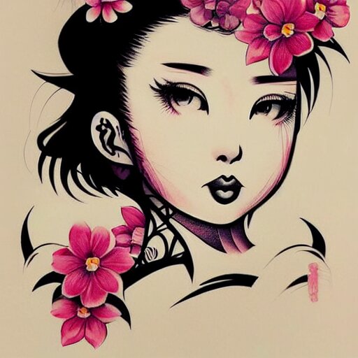 tattoo design, stencil, traditional, beautiful portrait of a Japanese girl with flowers in her hair, upper body, by artgerm, artgerm, digital art, cat girl, anime eyes, anime, sexy-s 100