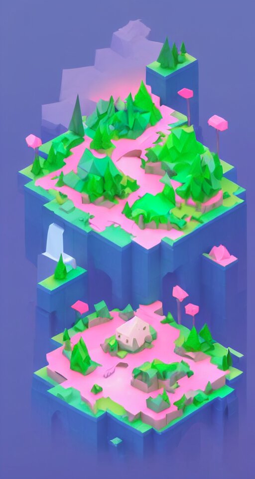 a cute little matte low poly isometric cherry blossom forest island, pink waterfalls, mist, lat lighting, soft shadows, trending on artstation, 3d render, monument valley, fez video game,