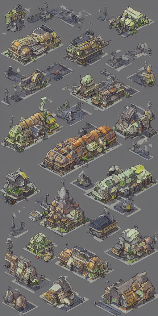 houses and shops with detailed architecture. old wrecked alien spaceships. pixel art asset sheet. isometric perspective. concept art. science fiction. 