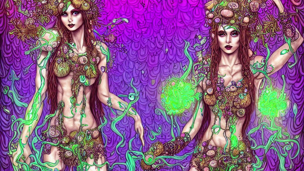 mushroom goddess, overgrown nature, dripping crystals, full body dynamic pose, attractive form, psychedelic dmt deity, high detailed illustration, cyber goth pin up girl, visionary art, fully colored and rendered 