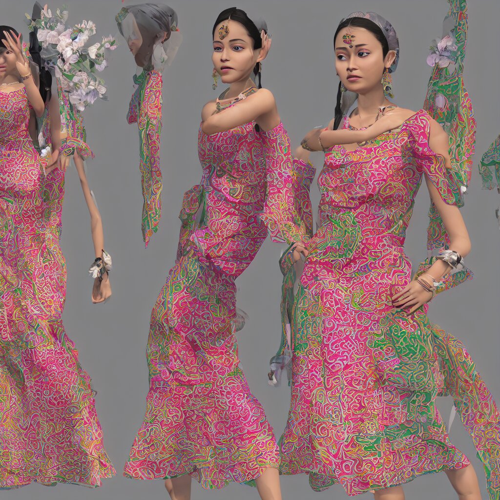 beautiful summer assamese mekehela bihu style floral gamosa dress ; flirtatious, boho - chic, sleeveless, elegant, short skirt length, slimmer demeanor, plethora of colors ; mini dress, highly detailed cute face by wlop ; octane render, unreal engine 5, trending on artstation, 8 k, symmetrical, cinematic, high coherence, hdr fabric textures 