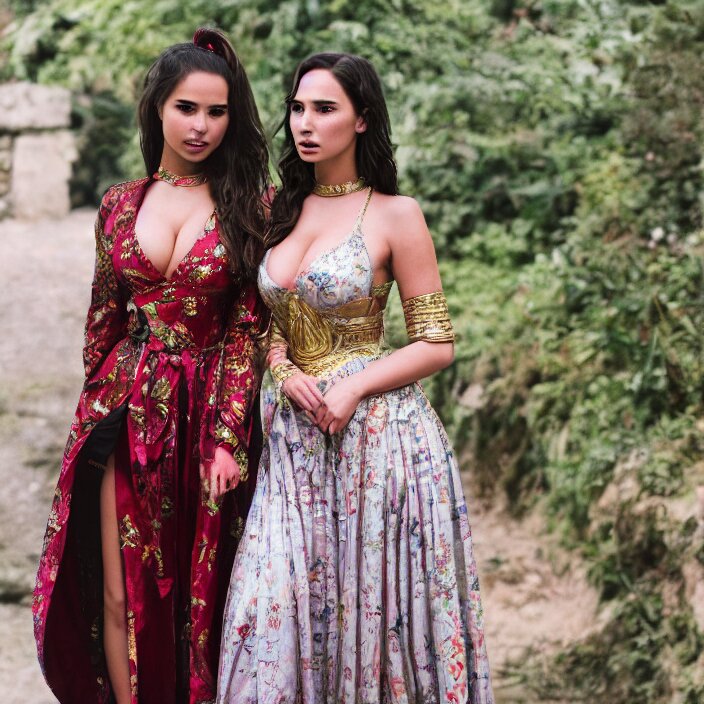 portrait of demi rose and gal gadot wearing southeast asian trad 