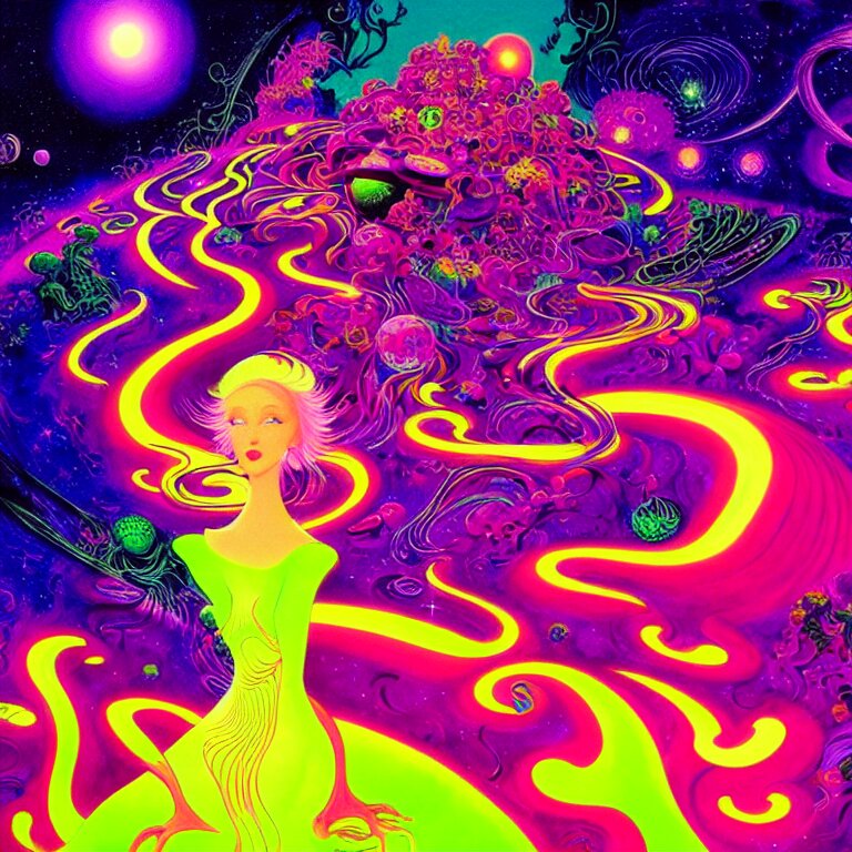 cosmic girl, infinite fractal dimensions, bright neon colors, highly detailed, cinematic, eyvind earle, tim white, philippe druillet, roger dean, lisa frank, aubrey beardsley 