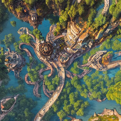 a birds eye view overlooking an ancient fantasy city surrounded by mountains and trees of greens and browns, rivers and lakes by Jordan Grimmer, Asher Brown Durand and Ryan Dening, 8k, artstation, beautiful color pallette