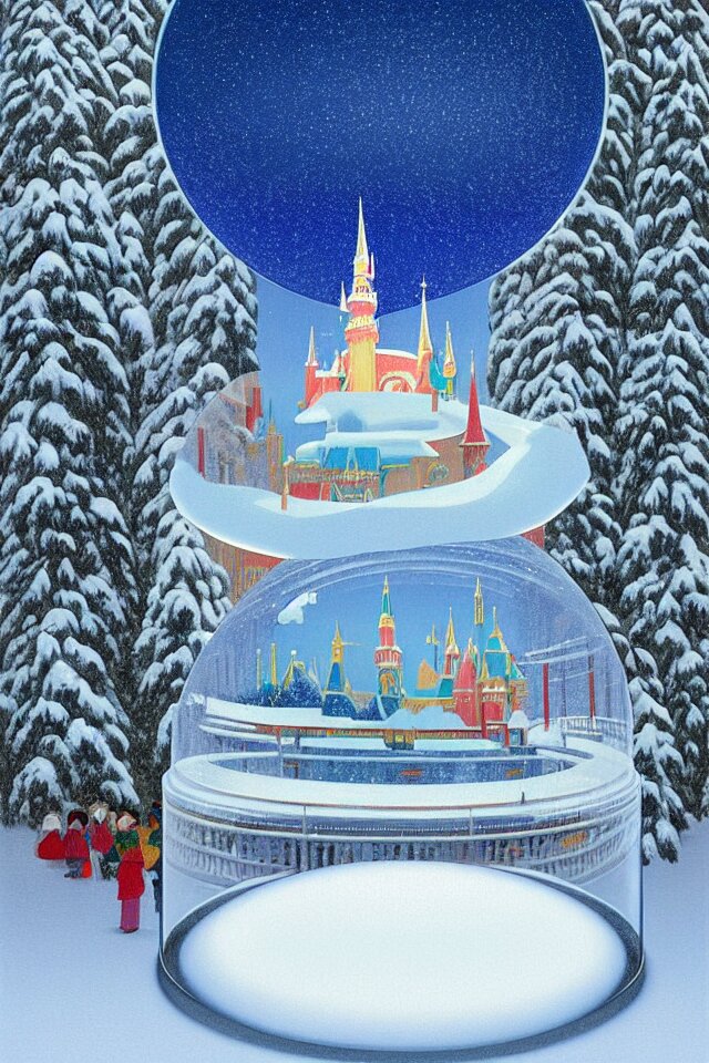 an achingly beautiful print of one modernist, cylindrical snow globe with disneyland inside by raphael, hopper, and rene magritte. detailed, proportional, romantic, vibrant, enchanting, trending on artstation 