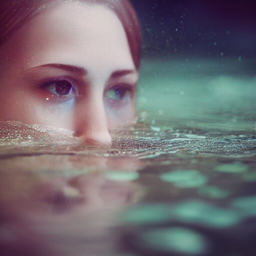 pale face lying under the water, water lilys, cinematic, shallow depth of field, atmospheric, ultra high detail, somber colors, close up of face, trending on artstation 