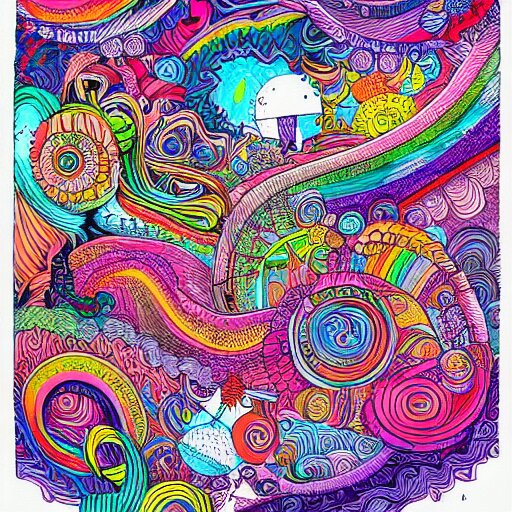 chaos in my head, intricate ink illustration, vibrant colors, rainbow colors, white background, maximalist, 8 k 