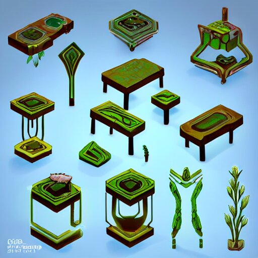 concept art 2 d game asset of furniture with an organic isometric design based on bioluminescent alien - like plants inspired by the avatar's bioluminescent alien nature. around the furniture, we can see plants that glow in the dark. all in isometric perspective and semi - realistic style item is in a black background 