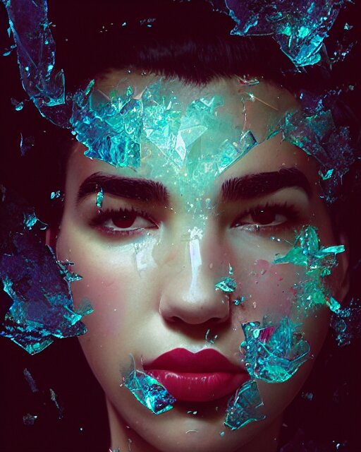 portrait of dua lipa, by petros afshar, sabbas apterus, brian sum, ross tran, shattered glass, bubbly underwater scenery, radiant light