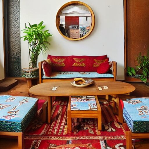 living room interior design with assamese traditional gamosa textured furniture, mekhela sador motif design pattern walls and floor, teak table, japandi, ikea, sunny, warm wood, urban jungle plants, small kitchen table, indian antique chairs, round mirror on the wall, light - brown wall, mid - century sofa indian architecture 