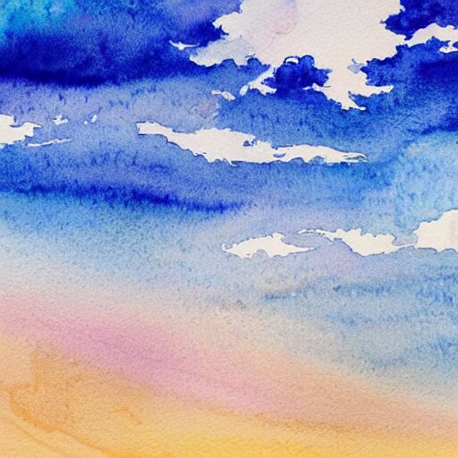 a beautiful watercolor painting of a beautiful ocean with peaceful fluffy clouds in the sky 