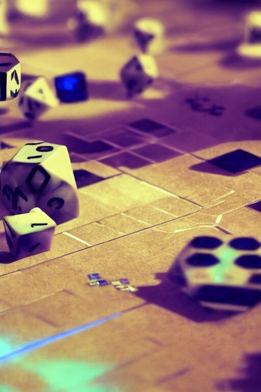 closeup, of one futuristic sci-fi Twenty sided dice, in the background players at a table that are in still high tech suites, bokeh, sharp focus, intricate concept art, highly detailed, 8k, cinematic, sharp focus