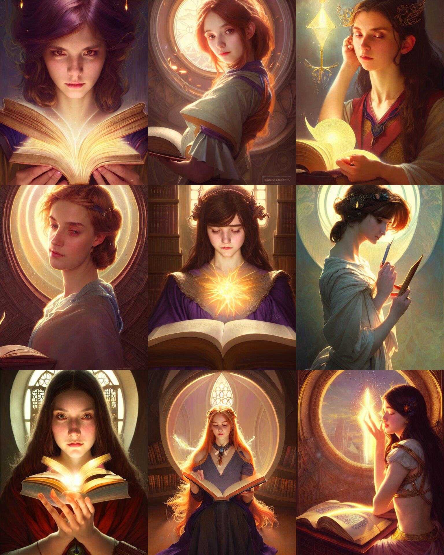 fantasy portrait of a university female, casting magic spell, particles, magic school, light hair, short hair style, book library studying, intricate, sharp focus, heavy lens flare, bloom, rim light, illustration, highly detailed, digital painting, concept art, matte, art by wlop and artgerm and greg rutkowski and alphonse mucha, masterpiece 