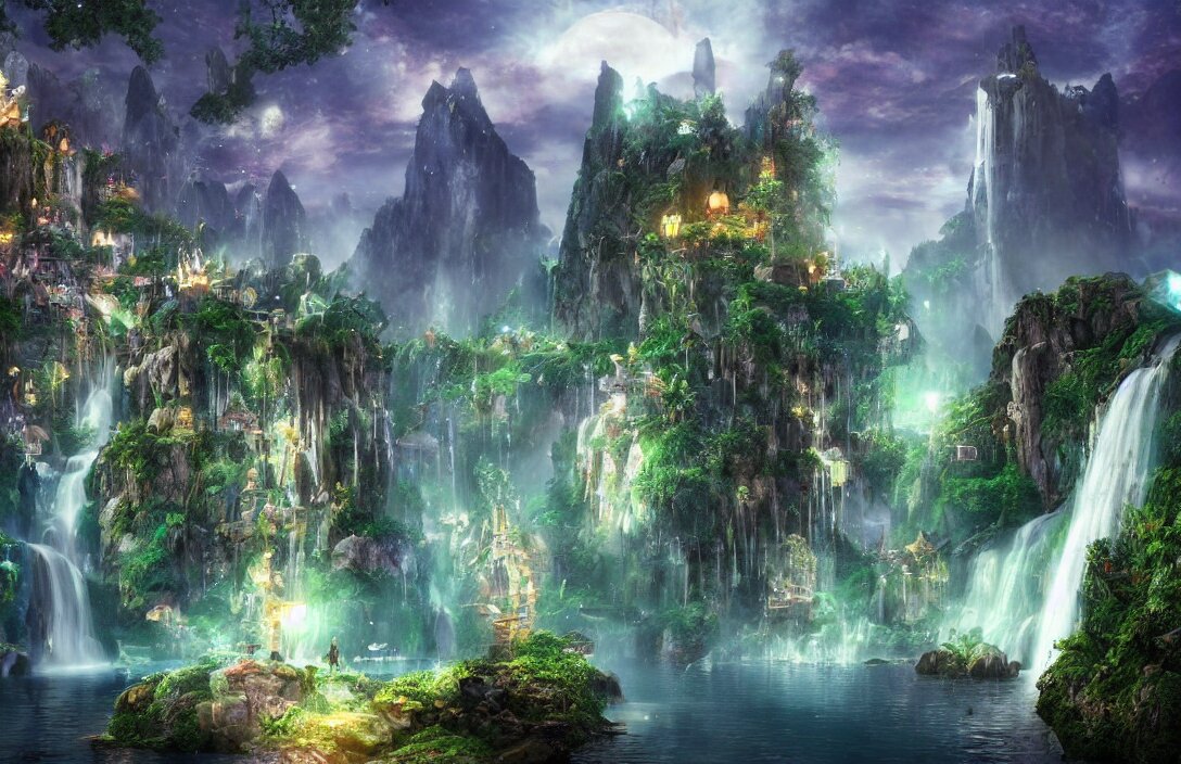 magical fantasy town, background : giant bioluminscent waterfall, quaint vibes, epic fantasy, ultra hd render + 4 k uhd + immense detail + very crisp and clear image 