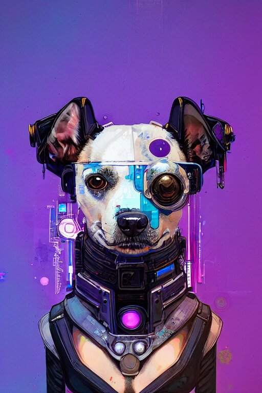 a beautiful portrait of a cute cyberpunk dog by sandra chevrier and greg rutkowski and wlop, purple blue color scheme, high key lighting, volumetric light, digital art, highly detailed, fine detail, intricate, ornate, complex, octane render, unreal engine, photorealistic 