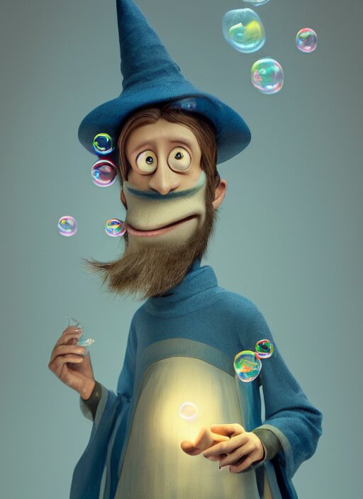 an anthropomorphic beautiful male wizard blowing giant bubbles wearing blue robe, fine art, award winning, intricate, elegant, sharp focus, octane render, hyperrealistic, wizard hat cinematic lighting, highly detailed, digital painting, 8 k concept art, art by jamie hewlett and z. w. gu, masterpiece, trending on artstation, 8 k 