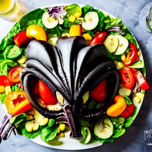 a plate of food made of salad and huge alien xenomorph, award winning photographer, food photography 