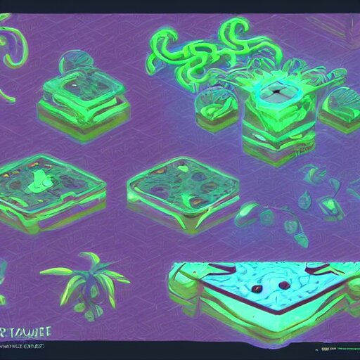 concept art 2 d game asset of furniture with an organic isometric design based on bioluminescent alien - like plants inspired by the avatar's bioluminescent alien nature. around the furniture, we can see plants that glow in the dark. all in isometric perspective and semi - realistic style item is in a black background colorful neons surrealistic masterpiece 