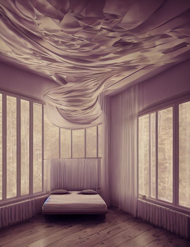 an ultra wide angle photo of a bed hovering above the floor in the middle of a giant bedroom with windows opening to other worlds by casey weldon and lee madgewick, photorealistic, octane render, recursive, flowing, cascading, multiverse, labyrinthine 