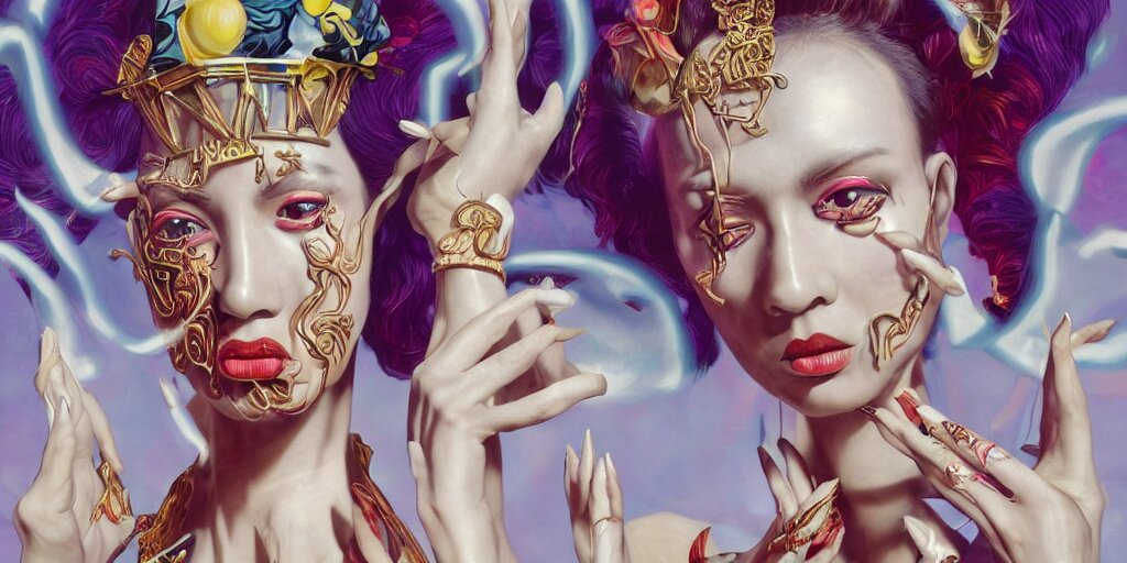 giesha demon, innovative avant - garde art, deco fashion, asian women, photorealistic portrait by michael cheval, vaporwave, crisp quality and light reflections, inside a room with marble columns, transcendent, vibrant color, clean linework, finely detailed, tarot card with ornate border frame, 4 k, trending on artstation, volumetric lighting, octane render 