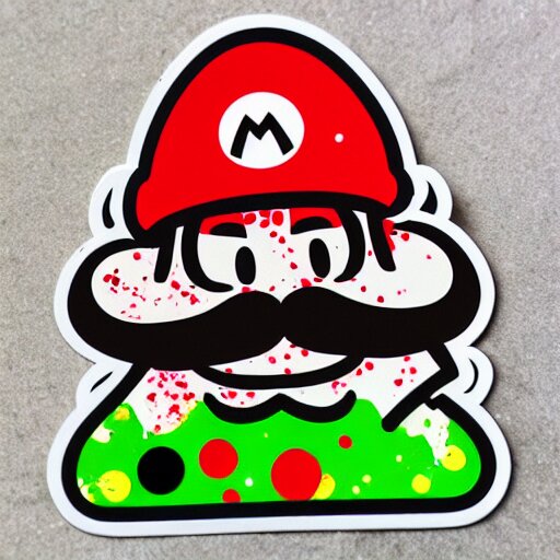 die cut sticker, yoshi wearing mario's mustache, splatter paint 