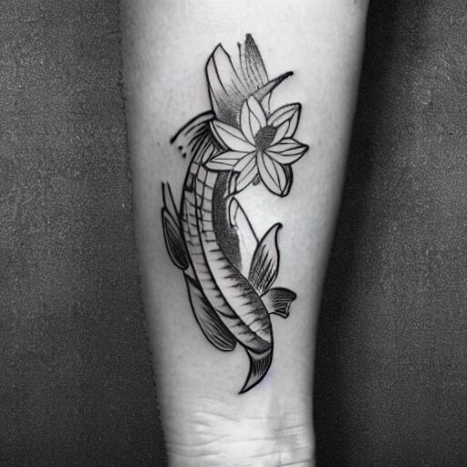 black and white tattoo of koi fish with camelia flowers, on white background, japanese traditional style, stylized, 