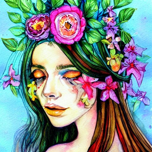 a painting of a woman with flowers in her hair, a watercolor painting by alice mason, deviantart, psychedelic art, deviantart, detailed painting, watercolor 