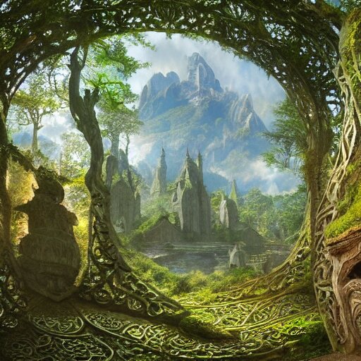 a beautiful and highly detailed matte painting of an elven temple in a magical fantasy garden in a lush forest in the mystical mountains, celtic knots, carved runes, intricate details, epic scale, insanely complex, 8 k, sharp focus, hyperrealism, very realistic, by caspar friedrich, albert bierstadt, james gurney, brian froud, 