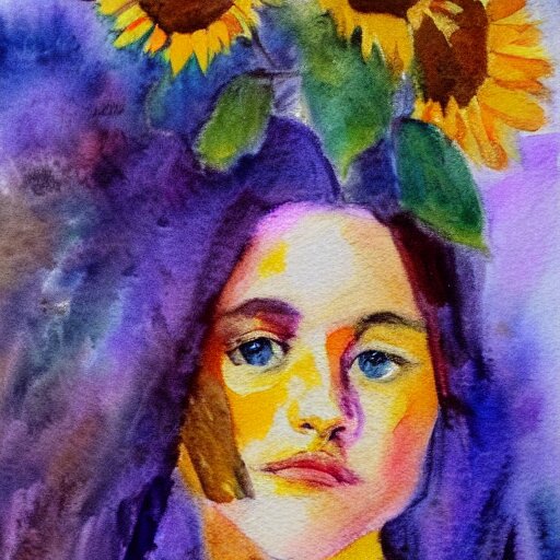 molly sanden, watercolor, in the style of claude monet, beautiful face, sunflowers, fall leaves red and orange, award winning, hd, 4 k, purple, blue 