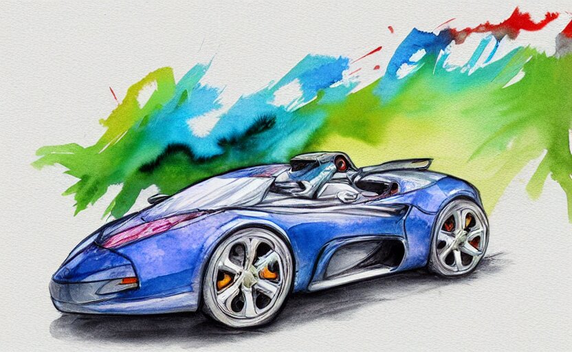 colorful watercolor sketch, sport car 