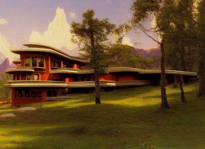 painting of a frank lloyd wright house in front of beautiful mountains by albert bierstadt 