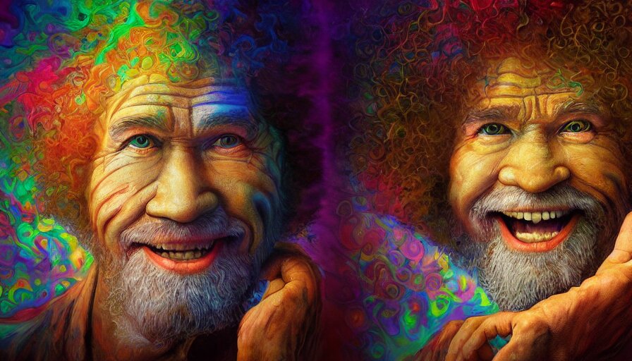 bob ross on a psychedelic trip with an open mouth and glowing eyes, staring, close - up, deep focus, extremely detailed digital painting, vibrant colors, in the style of tomasz alen kopera and fenghua zhong and peter mohrbacher, mystical colors, rim light, beautiful lighting, 8 k, stunning scene, raytracing, octane, trending on artstation 